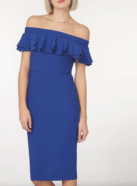 Blue Ruffle Front Bardot Pencil Dress